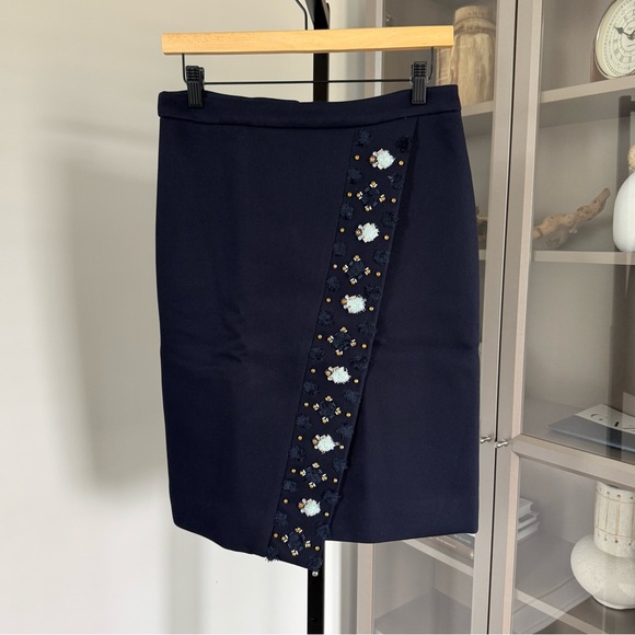 J. Crew Collection Embellished Navy Blue Twill Asymmetrical Pencil Skirt 4 - Picture 2 of 6